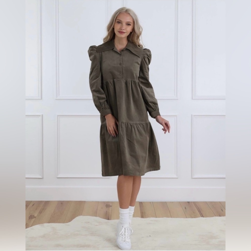 Udel Olive Green Midi / Knee Length Collared Micro Corduroy Dress Size Small